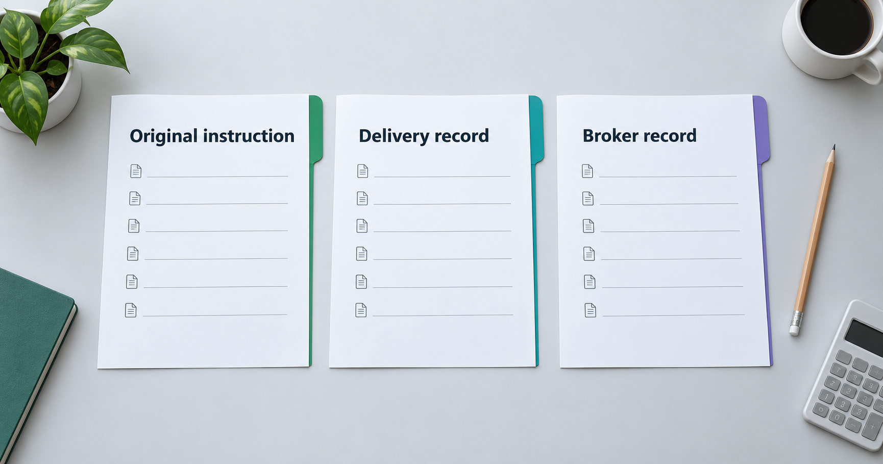Illustrative desk with original instruction, delivery record and broker record